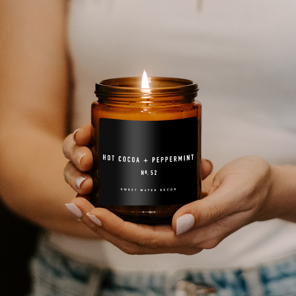 Hot Cocoa and Peppermint Soy Candle - Amber Jar - 9 oz