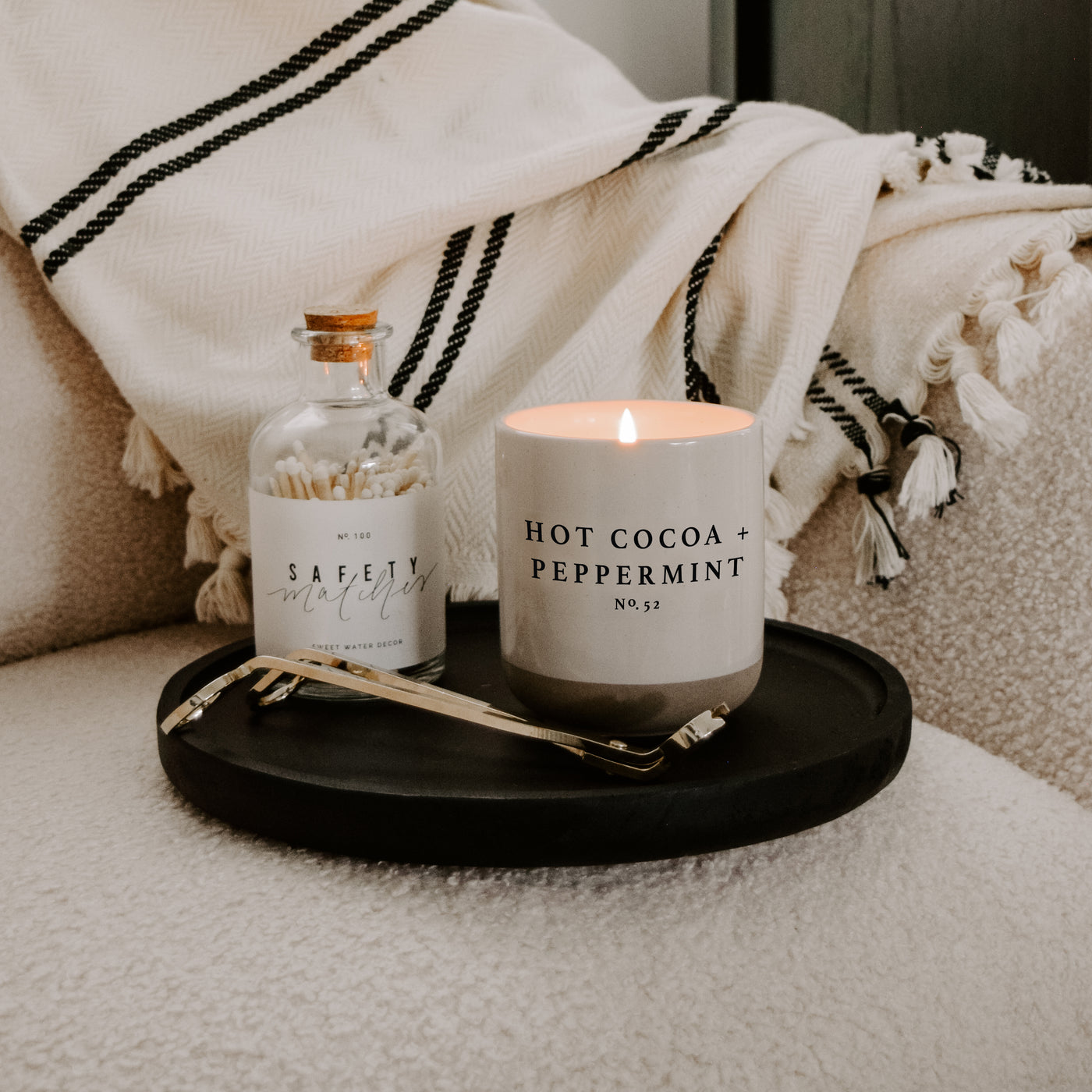 Hot Cocoa and Peppermint Soy Candle - Cream Stoneware Jar - 12 oz